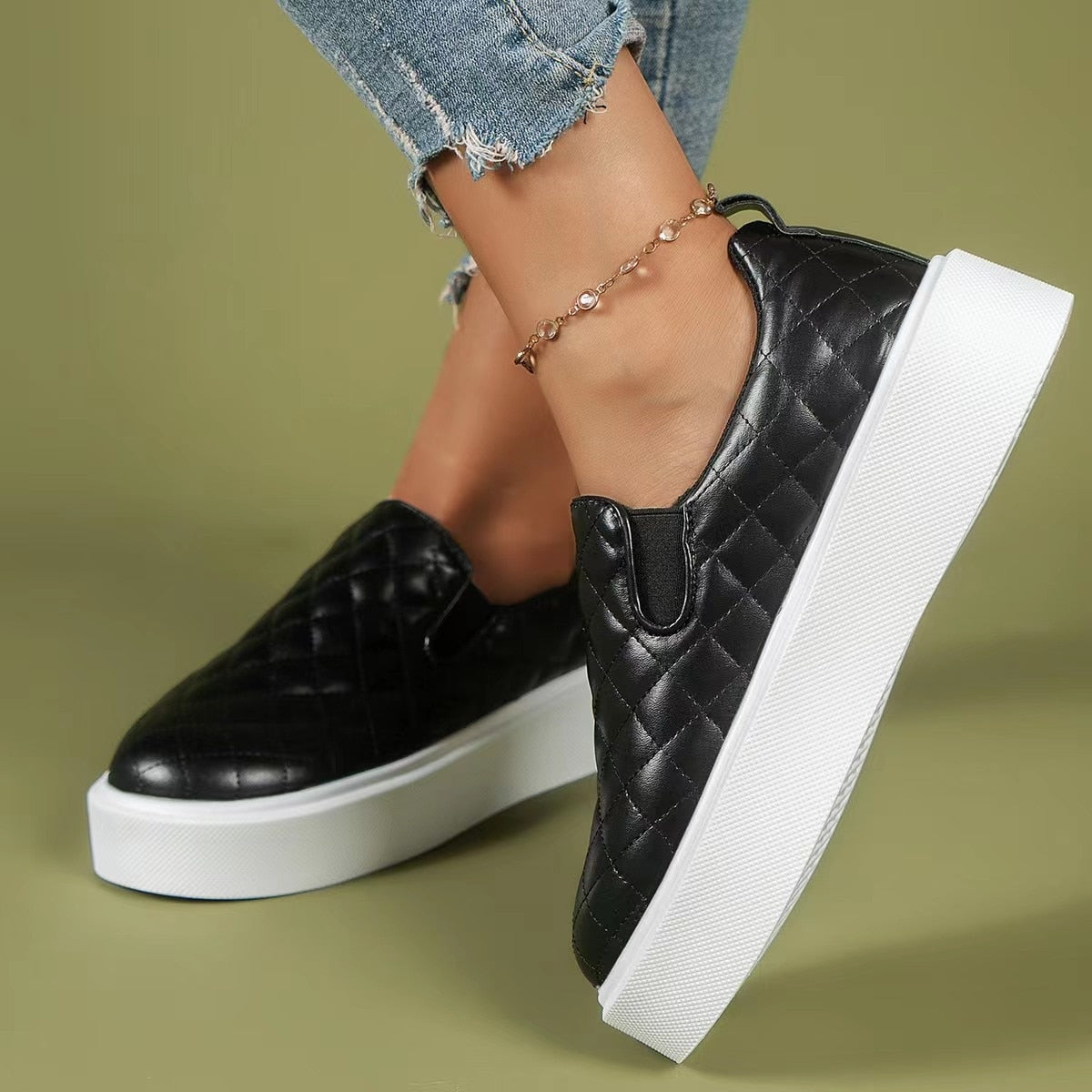 Slip-on Flats Loafers Lightweight Casual Platform Shoes White/Black