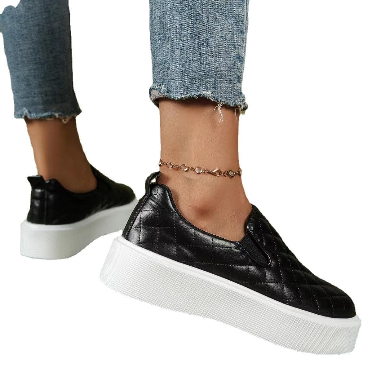 Slip-on Flats Loafers Lightweight Casual Platform Shoes White/Black