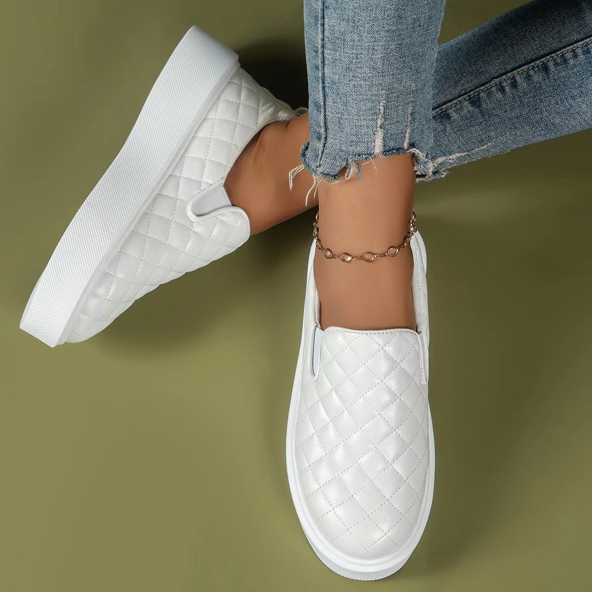 Slip-on Flats Loafers Lightweight Casual Platform Shoes White/Black