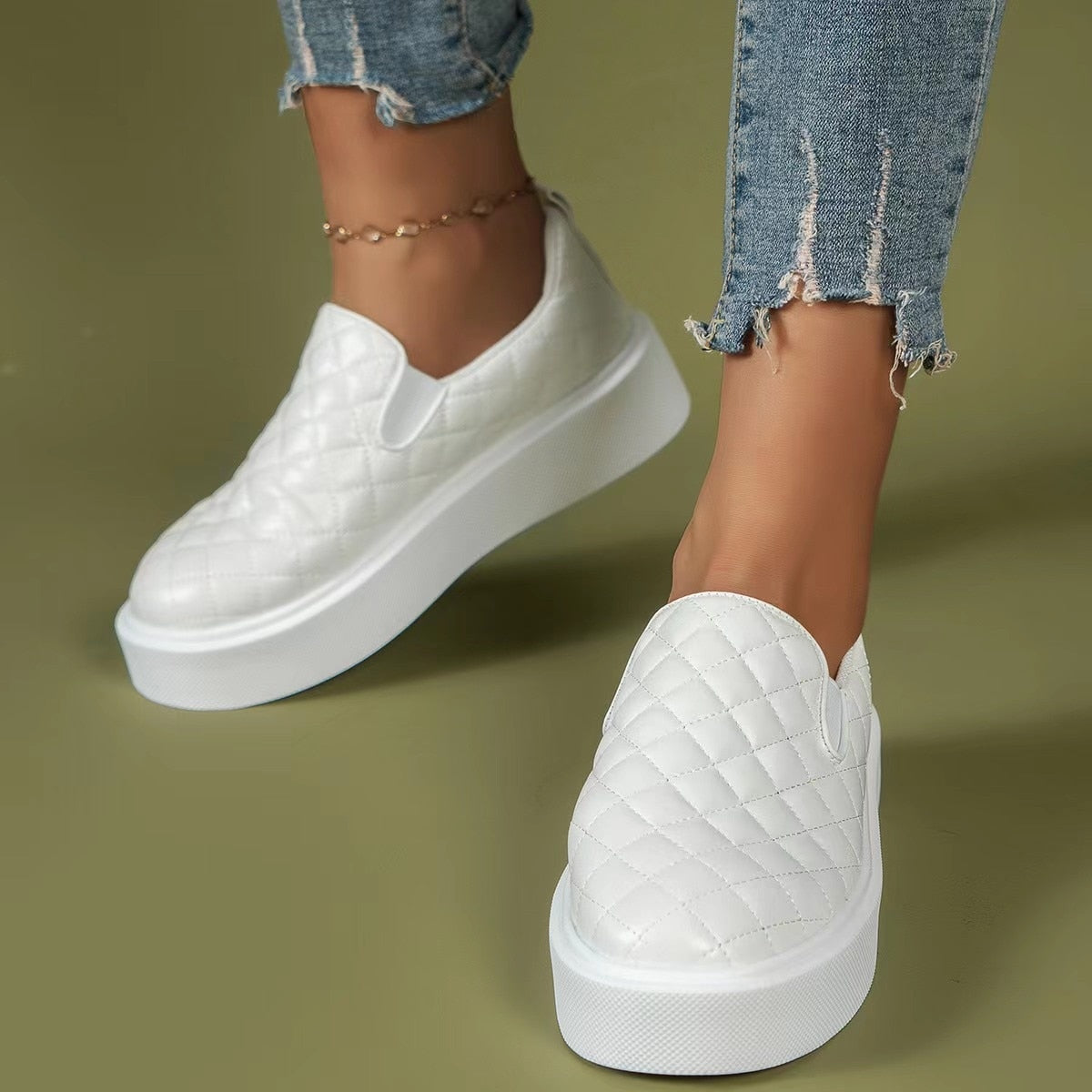 Slip-on Flats Loafers Lightweight Casual Platform Shoes White/Black