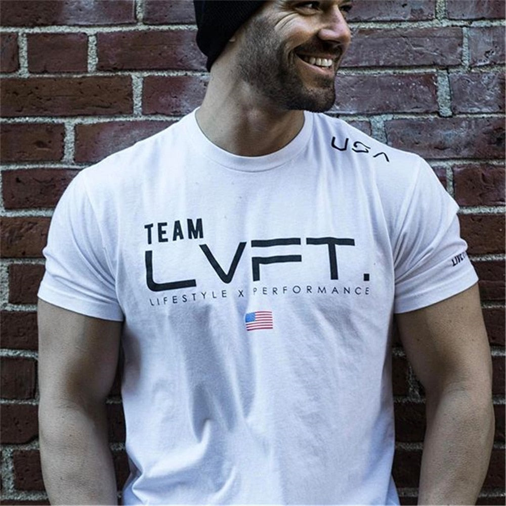 Men Neck Short Sleeve Body building T-shirt SportTee Shirt Fitness