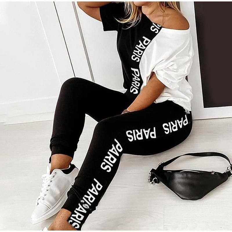 Off Shoulder Hit Color Letter Women Two-piece Set