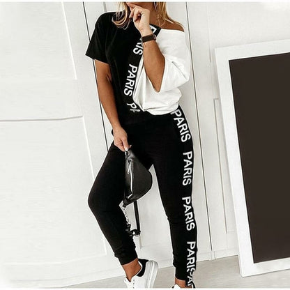 Off Shoulder Hit Color Letter Women Two-piece Set