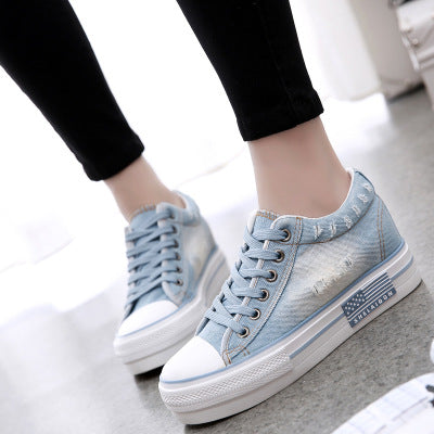 spring and summer single shoe Korean version of canvas shoes in the thick bottom of the high cowboy shoes students casual women cloth shoes