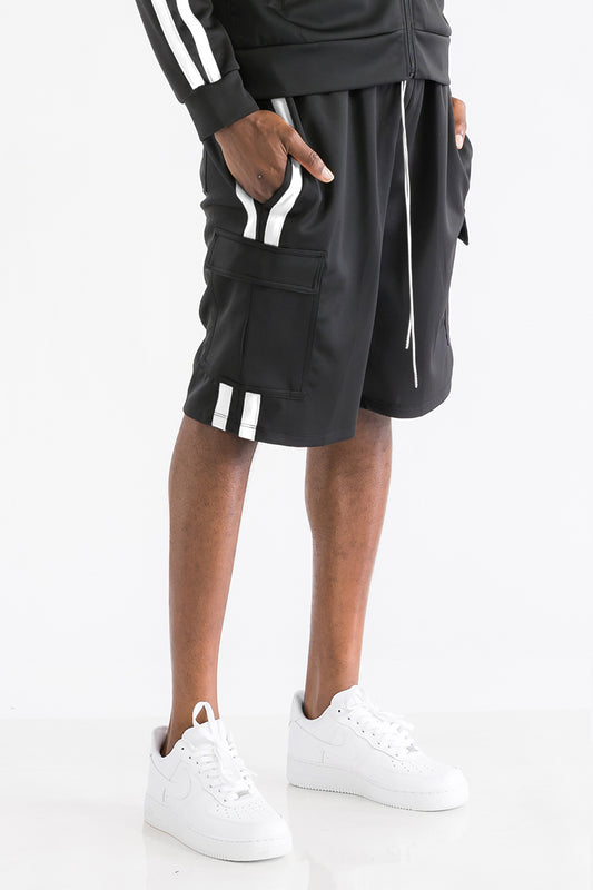 TWO STRIPE CARGO POCKET TRACK SHORTS