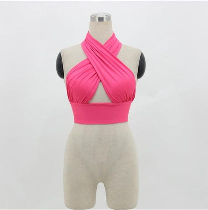 Women Strappy Cross Over Front Cut Out Halter Neck Sleeveless S-XL