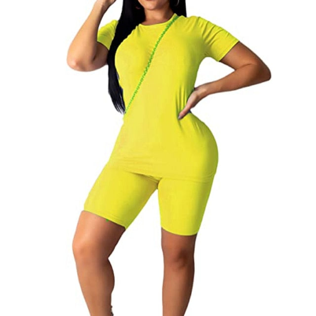 Women Sports Suit Neon Top Short Tracksuit Set