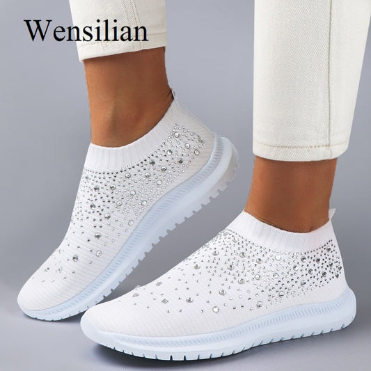 Women Trainers Sneakers Slip-on Sock Shoes Sparkly Crystal Zapatillas