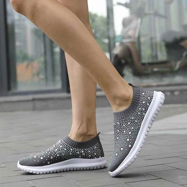 Women Trainers Sneakers Slip-on Sock Shoes Sparkly Crystal Zapatillas