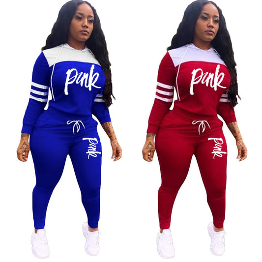 Women Sports Casual Set Stripe Letter Printing Patchwork Long Sleeve