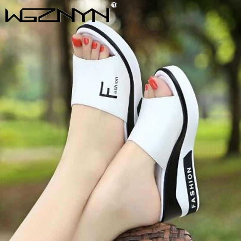 Women's Wedges Slippers Slip-On Shoes Woman Leather Sandals