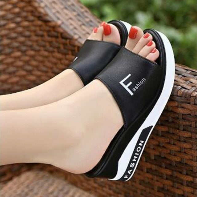 Women's Wedges Slippers Slip-On Shoes Woman Leather Sandals
